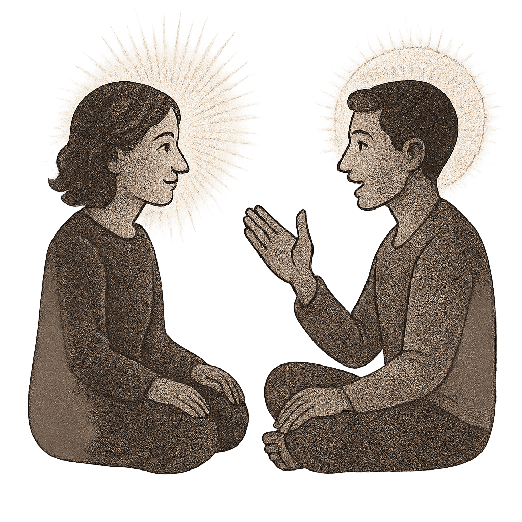 Two people practicing contemplation dyads in Milwaukee - sitting face to face in mindful inquiry