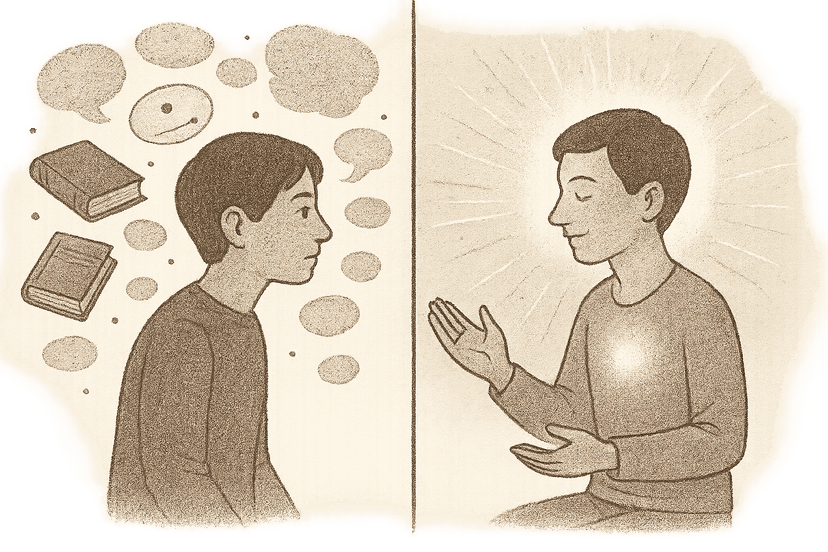 Contrast between indirect knowledge (thinking about yourself) and direct knowledge (intending to know the actual self)