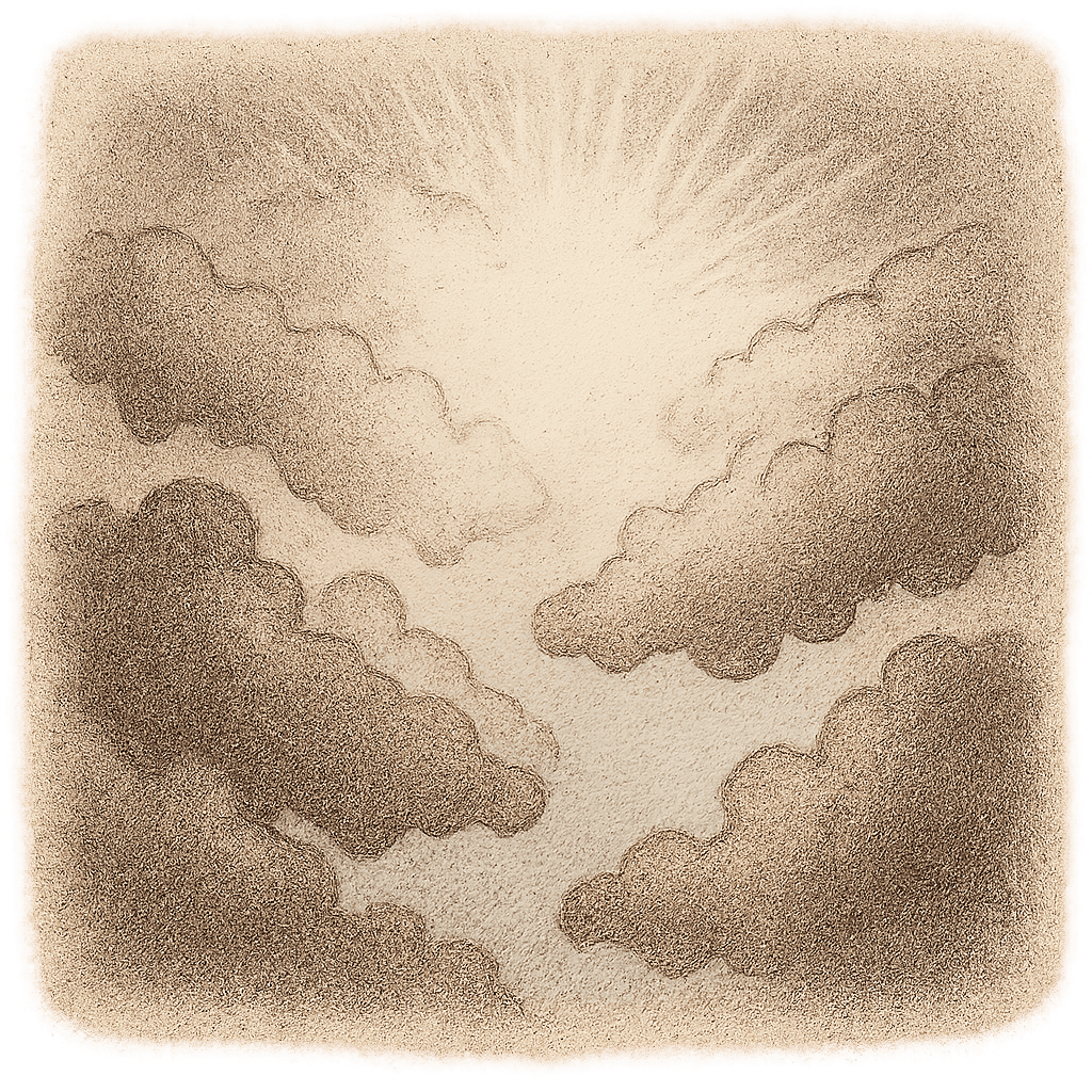 Mental content dissolving through communication like clouds dissipating to reveal clear light